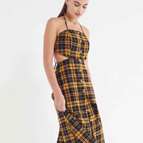 NWT UO Plaid Linen Button-Down Tie Midi Dress - Picture 3 of 3